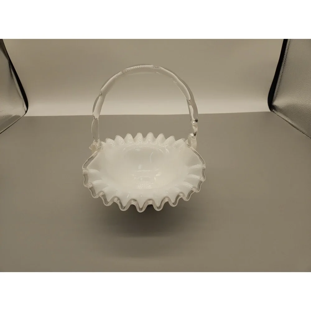 Vintage Fenton Silver Crest White Milk Glass Ruffled Basket With Reed Handle